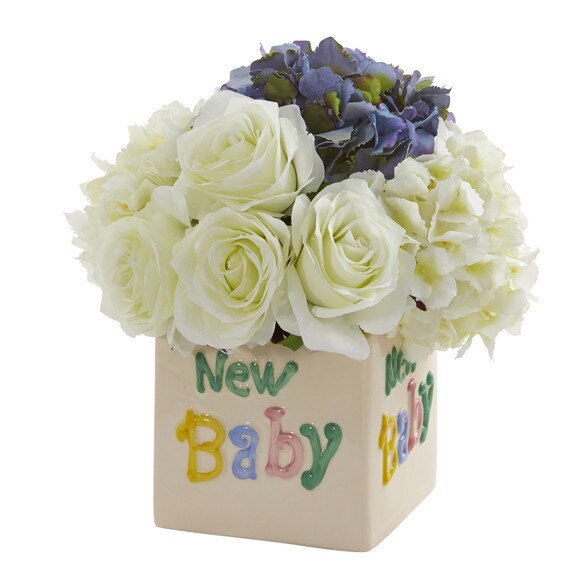 11 Rose and Hydrangea Artificial Arrangement in New Baby Vase - SKU #A1309-WB - 1